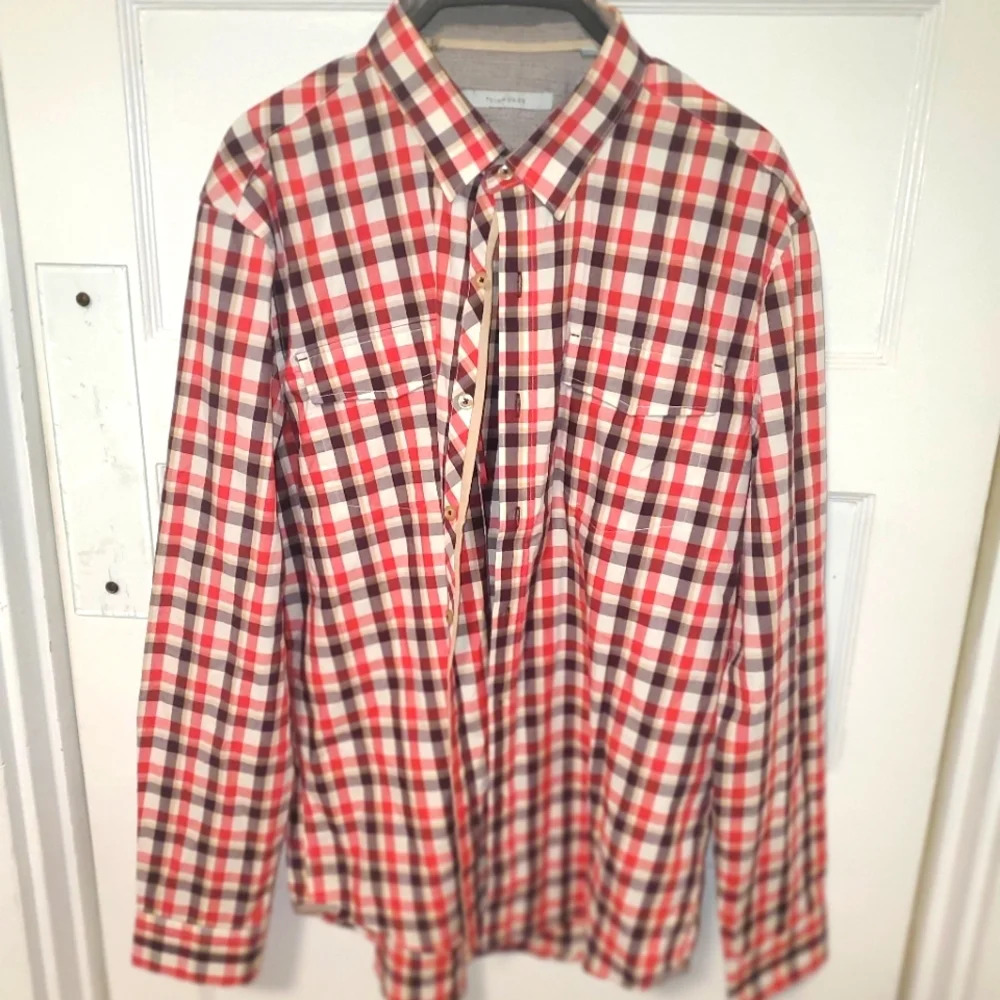 7 Diamonds Red White Navy Plaid Casual Button-Down Shirt